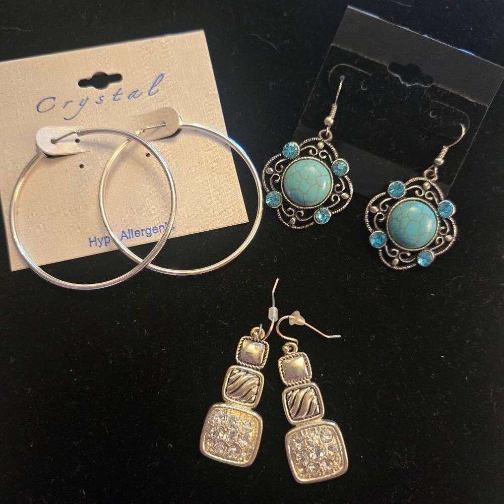 Hoops, Turquoise Rhinestone & Silver Rhinestone Earrings ALL
